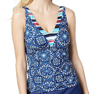 24th & Ocean Viva La Friday Printed Fashion Tankini Swim Top Blue Women's Sz XL